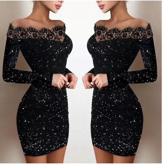 Black Off Shoulder Dress Bodycon Micro Mini Lace Dress - Picture 5 of 5